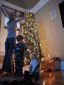 Decorating the tree with my boys