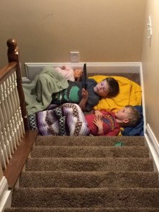 We had a Tornado Warning the other night so I made the boys set up camp downstairs